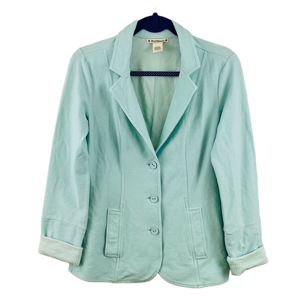 Womens‎ S Ruff Hewn Blazer Bellflower Blue Contrast Cuff Cotton Spandex Knit